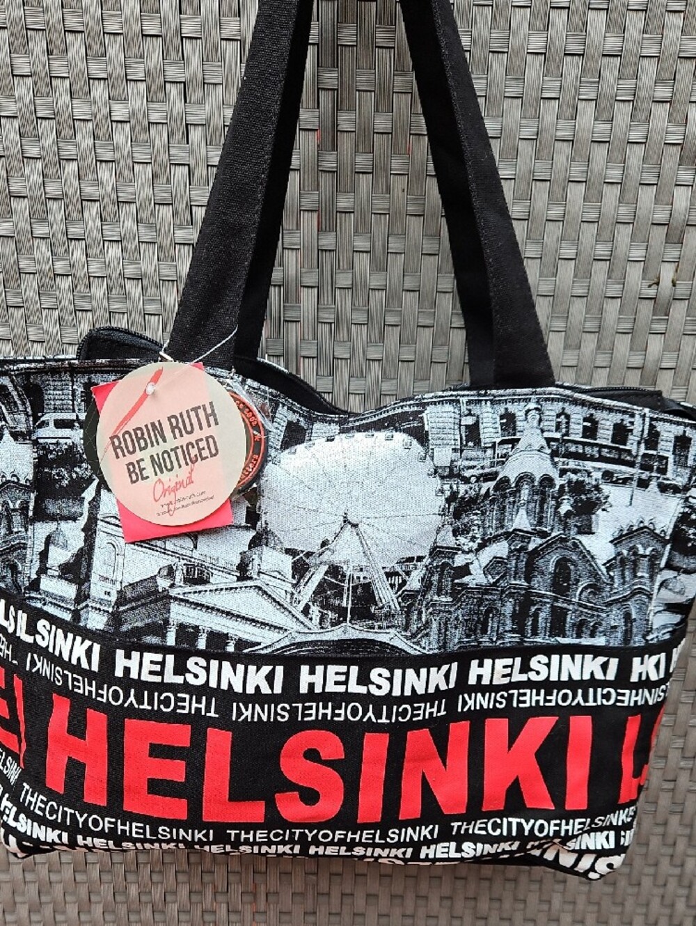 New With Tags Robin Ruth Helsinki Finland Black White Red Graphic Tote Bag